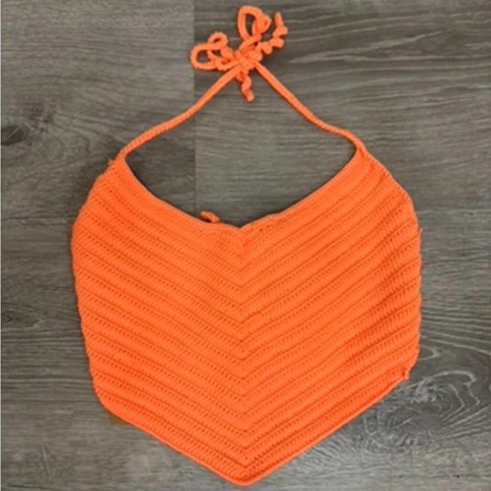 SKIMS NWT Neon Orange Crochet Swim Handkerchief Halter Top